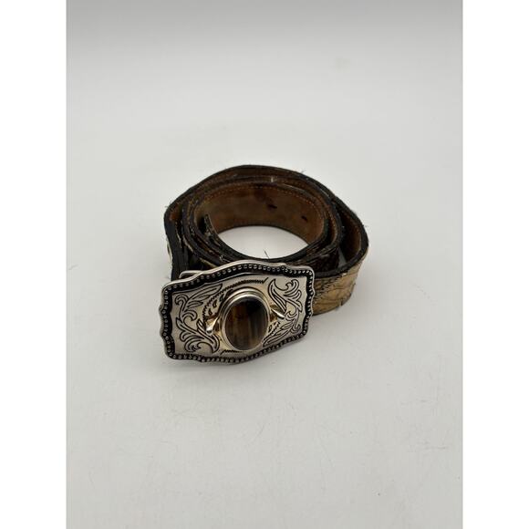 VTG Snakeskin Belt Mens Brown Hand Tooled Tiger Eye Western Buckle Fits 32” main image 4